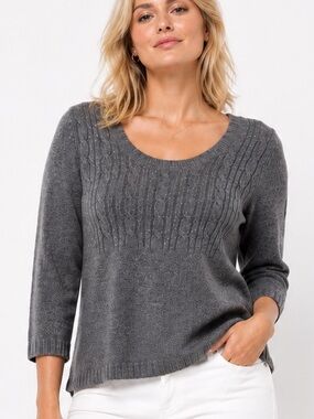 Ann Taylor LOFT Sweater charcoal gray three-quarter sleeve cable knit patterning